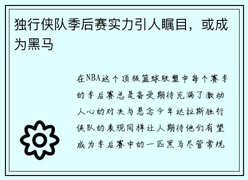 独行侠队季后赛实力引人瞩目，或成为黑马